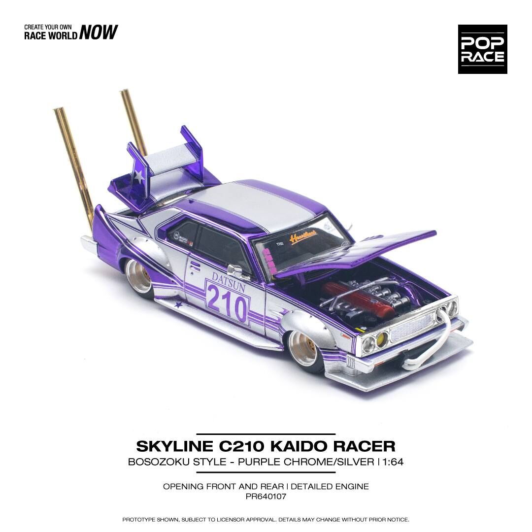 Pop Race 1/64 Skyline C210 Kaido Racer - Bosozoku Style Mor Krom / Gümüş PR64-107