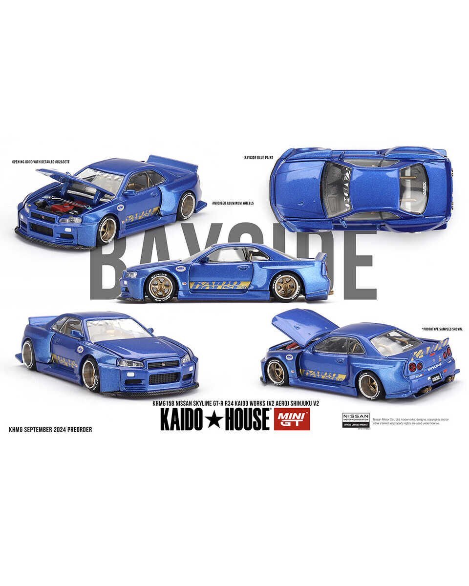 Mini GT x Kaido 1:64 //158 Nissan Skyline GT-R (R34) Kaido Works (V2 Aero) SHINJUKU V2