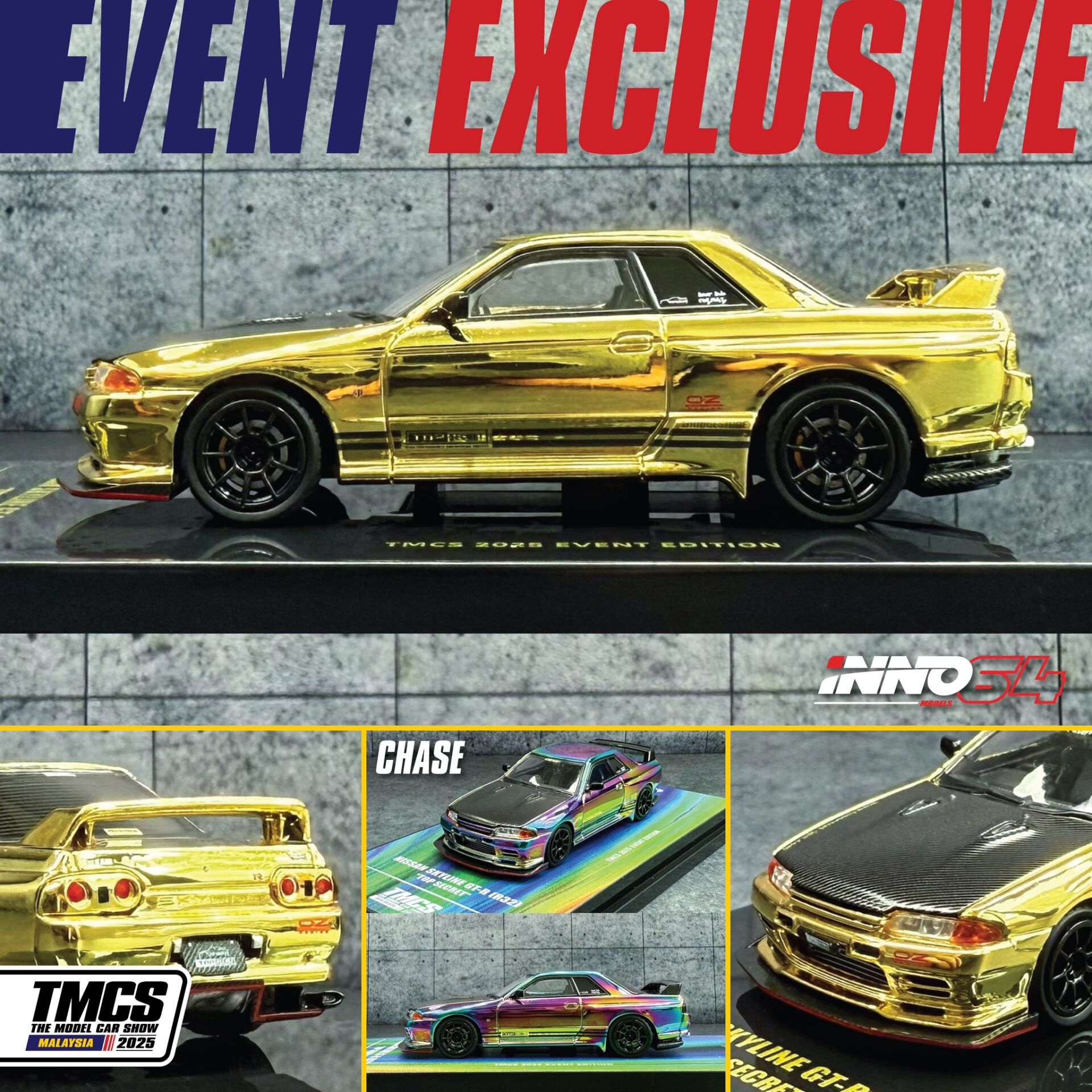 Inno 64 Models Nissan Skyline GT-R (R32) “Top Secret” Chrome Gold TMCS Malyasia 2025