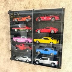 Diecast Toyblox 1:24 10 lu Araba Sergileme Vitrini Ahşap Duvar Rafı Pleksi Kapaklı Dekoratif Vitrin - Siyah