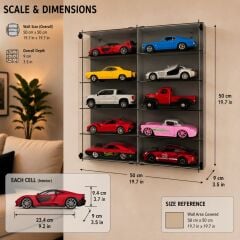 Diecast Toyblox 1:24 10 lu Araba Sergileme Vitrini Ahşap Duvar Rafı Pleksi Kapaklı Dekoratif Vitrin - Siyah