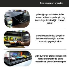 Diecast Toyblox ''Honda V2'' Diorama Garaj 1/64 Ölçek 8 Araçlık, LED Işıklı USB Kablolu Pleksi Kapaklı Dekoratif Vitrin