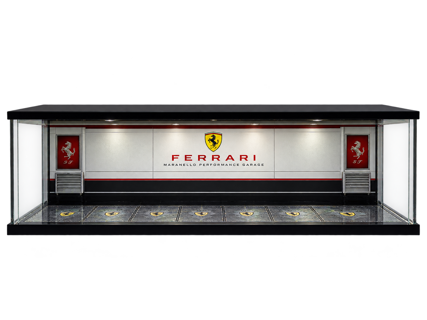 Diecast Toyblox ''Ferrari V2'' Diorama Garaj 1/64 Ölçek 8 Araçlık, LED Işıklı USB Kablolu Pleksi Kapaklı Dekoratif Vitrin