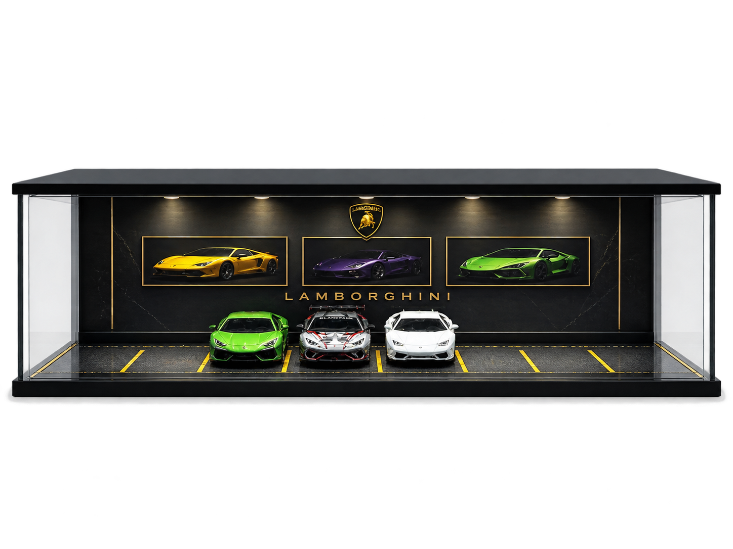 Diecast Toyblox ''Lamborghini'' Diorama Garaj 1/64 Ölçek 8 Araçlık, LED Işıklı USB Kablolu Pleksi Kapaklı Dekoratif Vitrin