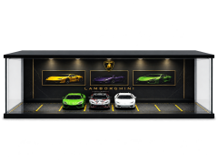 Diecast Toyblox ''Lamborghini'' Diorama Garaj 1/64 Ölçek 8 Araçlık, LED Işıklı USB Kablolu Pleksi Kapaklı Dekoratif Vitrin