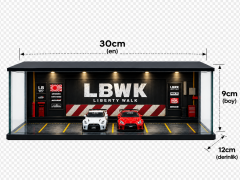 Diecast Toyblox ''LBWK'' Diorama Garaj 1/64 Ölçek 8 Araçlık, LED Işıklı USB Kablolu Pleksi Kapaklı Dekoratif Vitrin
