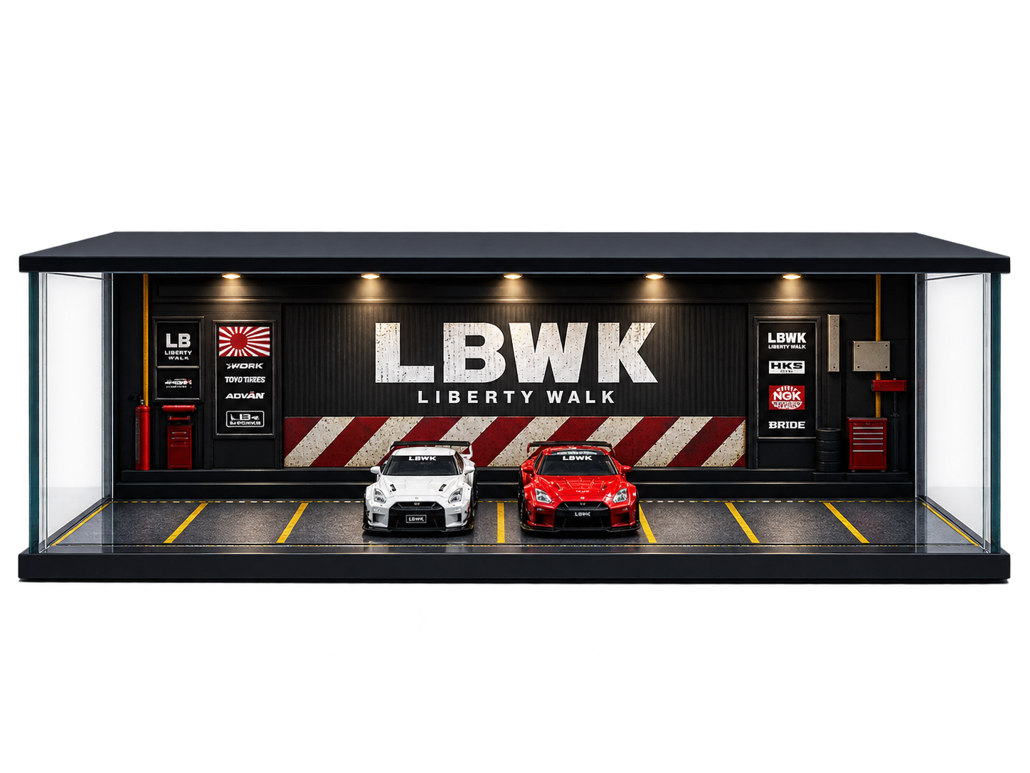 Diecast Toyblox ''LBWK'' Diorama Garaj 1/64 Ölçek 8 Araçlık, LED Işıklı USB Kablolu Pleksi Kapaklı Dekoratif Vitrin