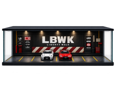 Diecast Toyblox ''LBWK'' Diorama Garaj 1/64 Ölçek 8 Araçlık, LED Işıklı USB Kablolu Pleksi Kapaklı Dekoratif Vitrin