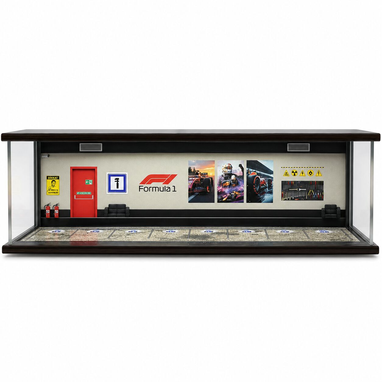 Diecast Toyblox ''Formula 1'' Diorama Garaj 1/64 Ölçek 8 Araçlık, LED Işıklı USB Kablolu Pleksi Kapaklı Dekoratif Vitrin