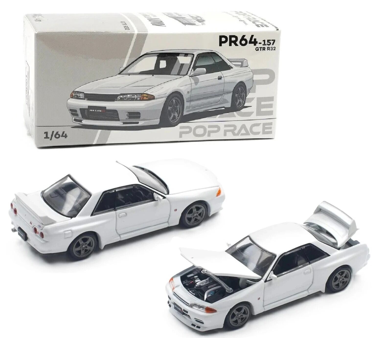 Pop Race 1/64 Nissan Skyline GT-R R32 Crystal White PR64-157