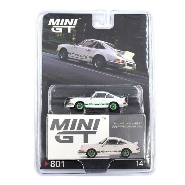 Mini GT 801 Porsche 911 Carrera RS 2.7 Grand Prix White with Green Livery - Blister Paket